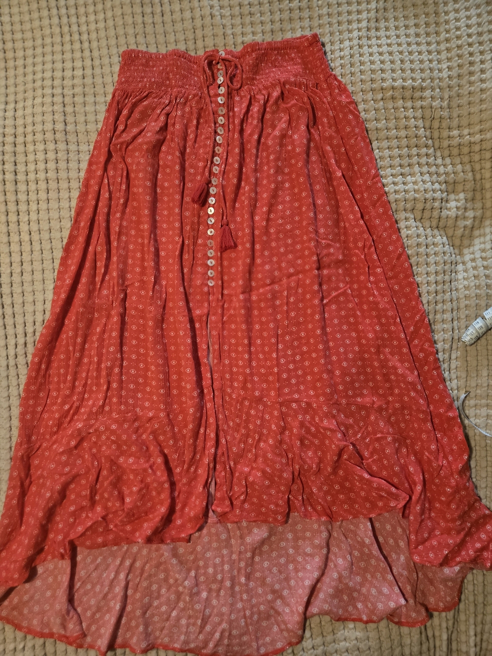 Red High-Low Button Front Maxi Skirt with Smocked Waist